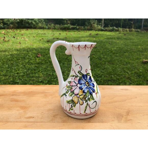 Hand Painted Ceramic Floral Design Pitcher, Portugal, Olive Oil Bottle - Picture 3 of 9